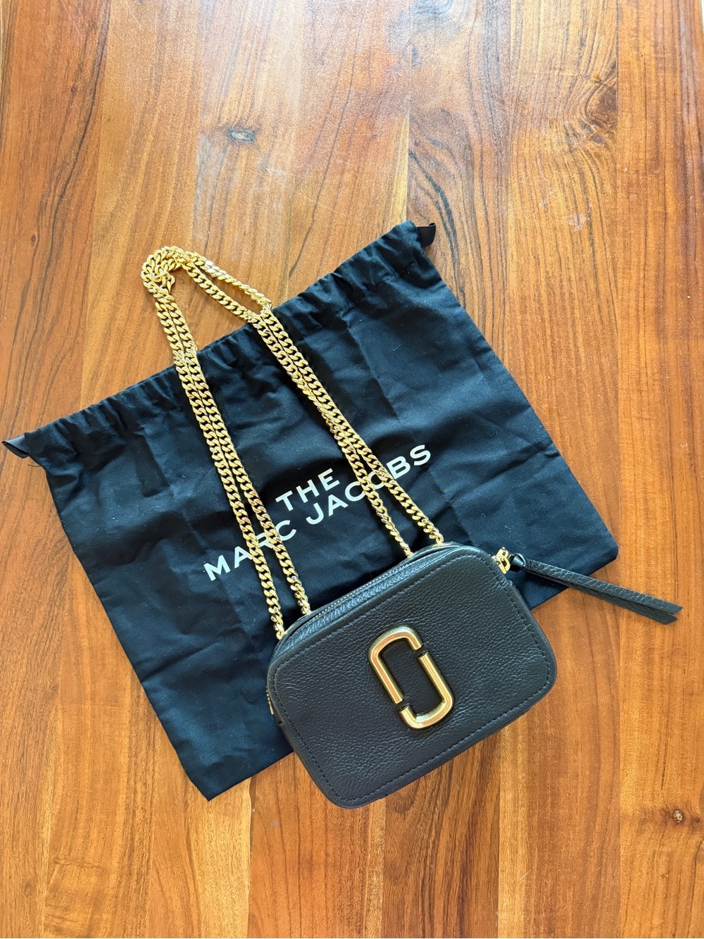 Marc Jacobs Black Leather Crossbody Camera Bag with Gold Hardware